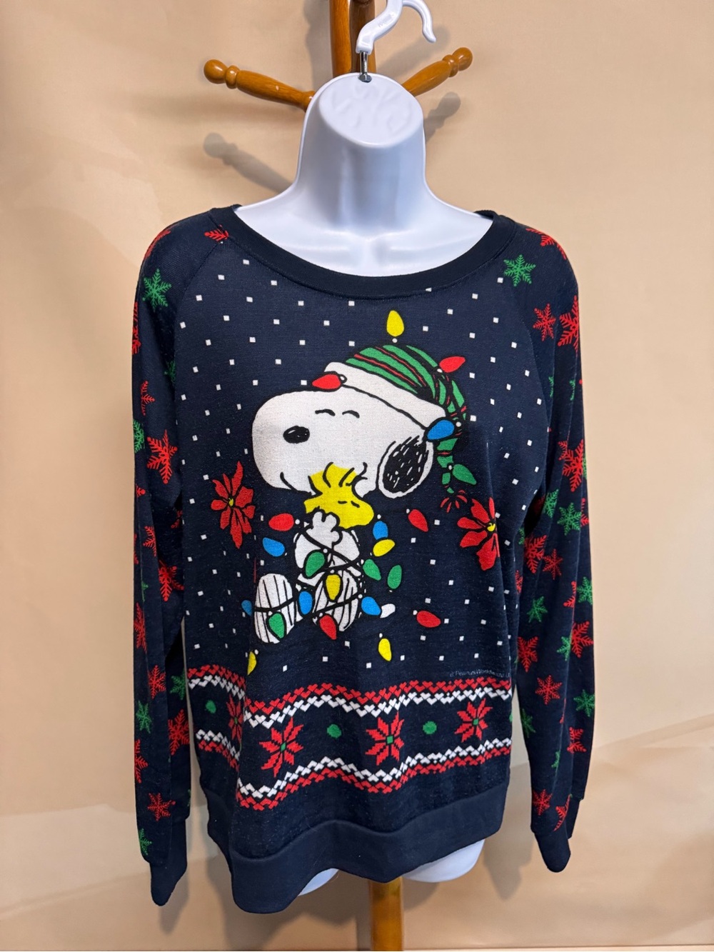 Women’s Peanuts Navy Snoopy & Woodstock Lightweight Holiday Crewneck Sweater